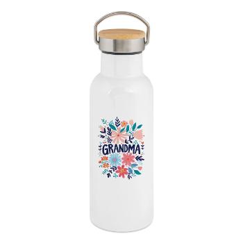 Grandma Doodle Text with Colorful Flowers - Granny - Thermal Bottle with Bamboo Lid - white - Right