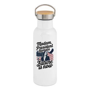 FRAU PRÄSIDENTIN KAMALA, DIE ZUKUNFT IST JETZT - Thermosflasche mit Bambusdeckel - Weiß - Rechts