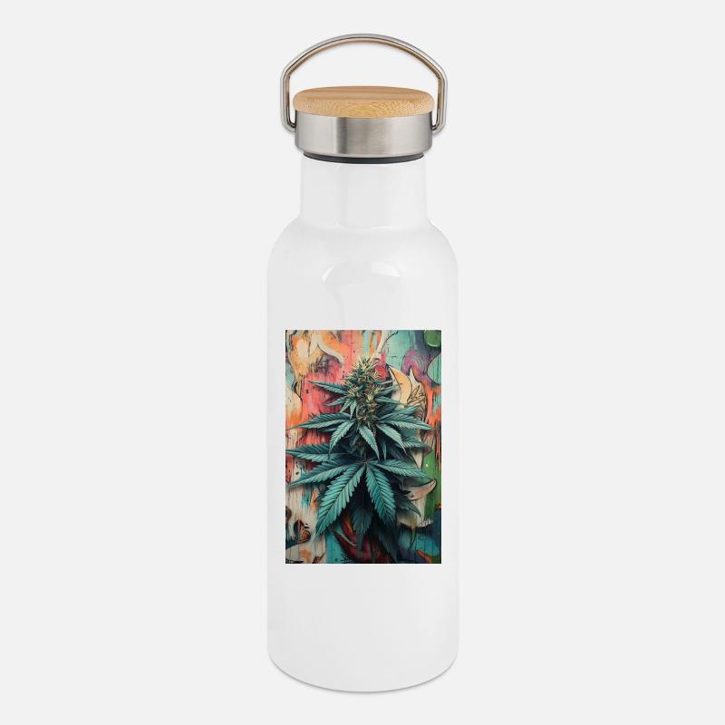 Graffiti Cannabis Leaf Art - Thermal Bottle with Bamboo Lid - white