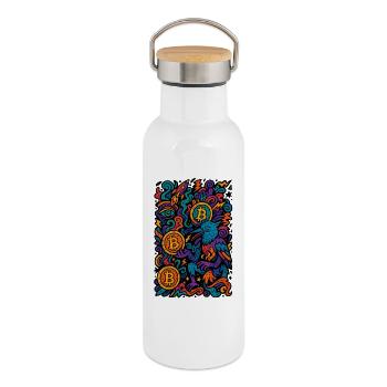 Art numérique coloré avec des motifs Bitcoin - Gourde isotherme avec bouchon en bambou - blanc - Droite