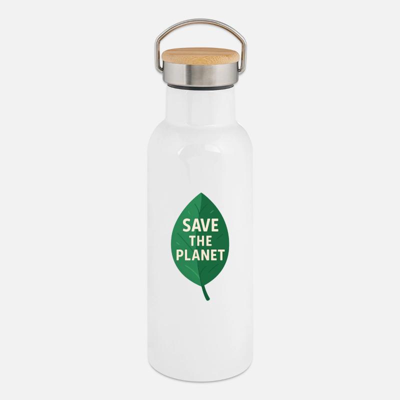 Eco-Leaf Save the Planet Design - Thermal Bottle with Bamboo Lid - white