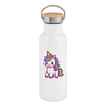 Licorne colorée avec crinière arc-en-ciel - Gourde isotherme avec bouchon en bambou - blanc - Droite