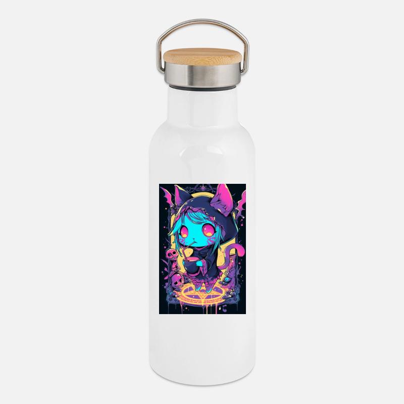 Sweat à capuche Neon Cat Magic | Chat punk - Gourde isotherme avec bouchon en bambou - blanc