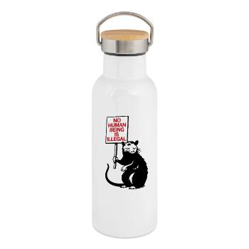 Aucun être humain n’est illégal - Gourde isotherme avec bouchon en bambou - blanc - Droite