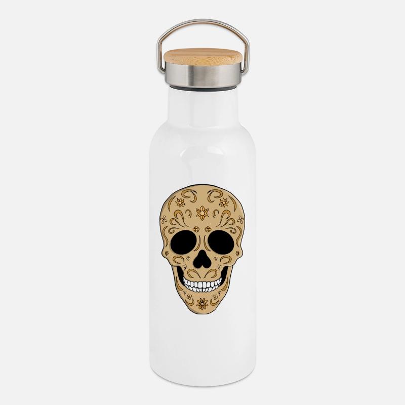 Floral Sugar Skull Dia de los Muertos - Thermal Bottle with Bamboo Lid - white