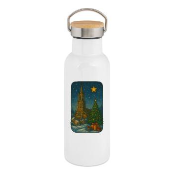Winterlicher Kirchenplatz mit Weihnachtsbaum - Thermosflasche mit Bambusdeckel - Weiß - Rechts