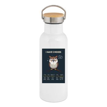 I Have 5 Moods-Witziges Eulenmotiv mit dem Spruch  - Thermosflasche mit Bambusdeckel - Weiß - Rechts