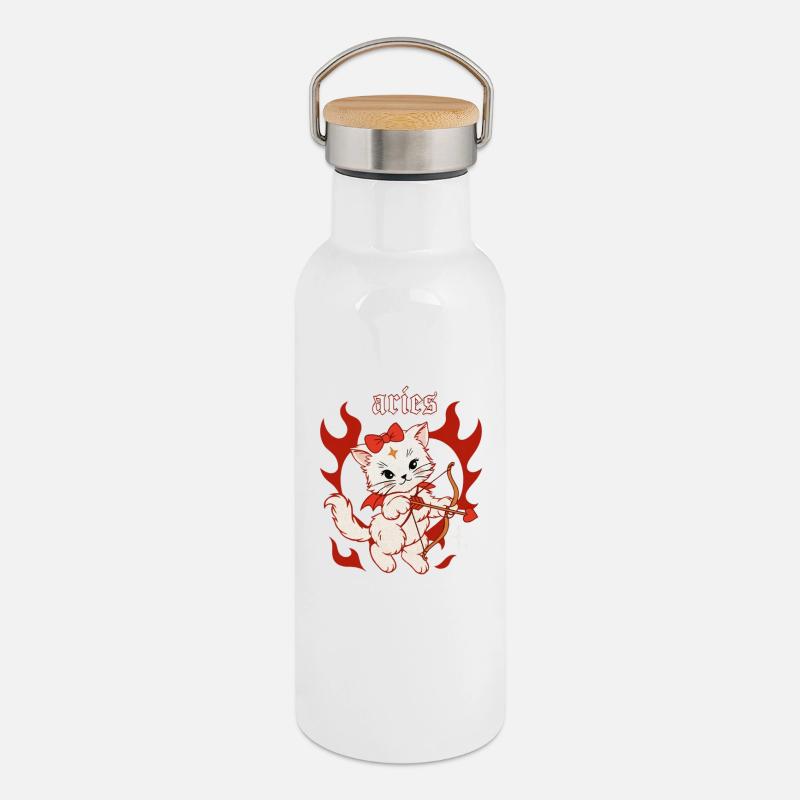 Aries Fire Kitten Archer - Thermal Bottle with Bamboo Lid - white