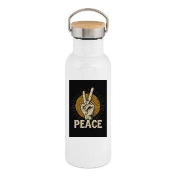 Peace Hand Rétro Design - Gourde isotherme avec bouchon en bambou - blanc - Droite