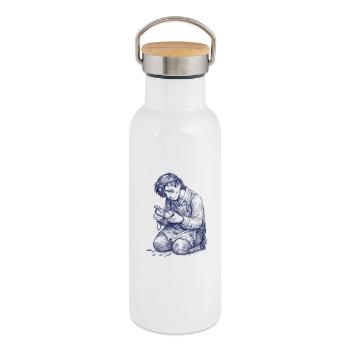 Artisan à genoux | Dessin peint à la main - Gourde isotherme avec bouchon en bambou - blanc - Droite