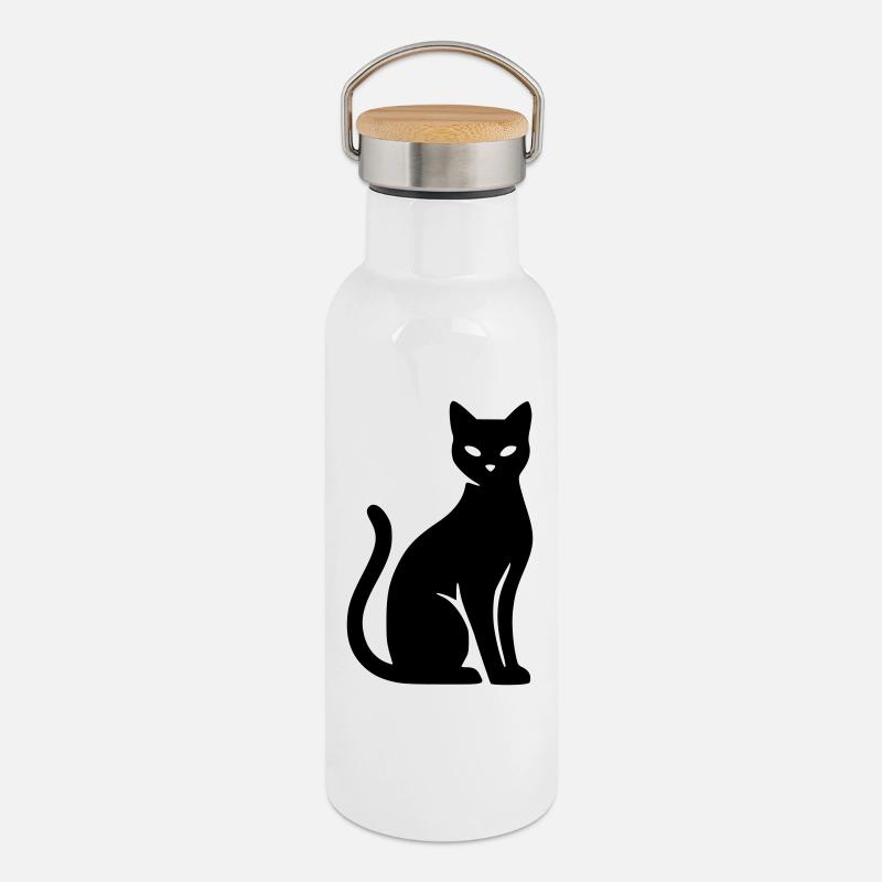Katze - Thermosflasche mit Bambusdeckel - Weiß