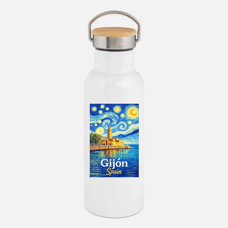 Gijón, Espagne - Gourde isotherme avec bouchon en bambou - blanc