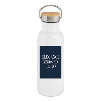 L’élégance n’a pas besoin de logo – style vieux argenté - Gourde isotherme avec bouchon en bambou - blanc - Droite