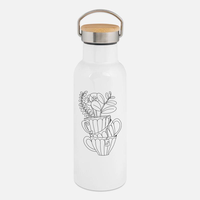 Minimalist Tea Label - Thermal Bottle with Bamboo Lid - white