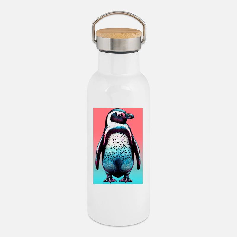 penguin - Thermal Bottle with Bamboo Lid - white