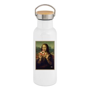 Mona Lisa Eating Pizza - Thermal Bottle with Bamboo Lid - white - Right