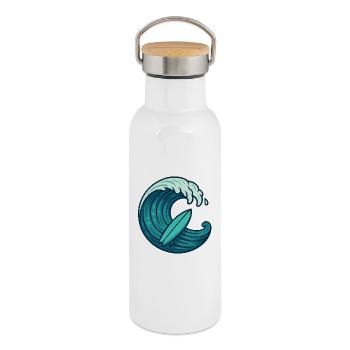 Surf Wave – Retro Surfboard Design - Thermal Bottle with Bamboo Lid - white - Right
