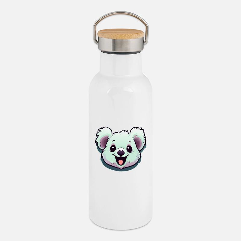 Lachender Koala - Thermosflasche mit Bambusdeckel - Weiß