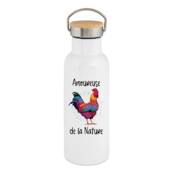 Amoureuse de la Nature - Poule - Coq - Gourde isotherme avec bouchon en bambou - blanc - Droite