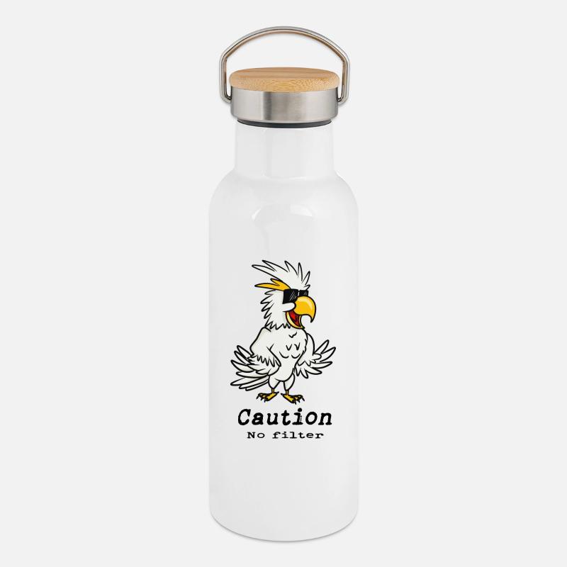 Cockatoo 'Caution no filter' - Thermal Bottle with Bamboo Lid - white