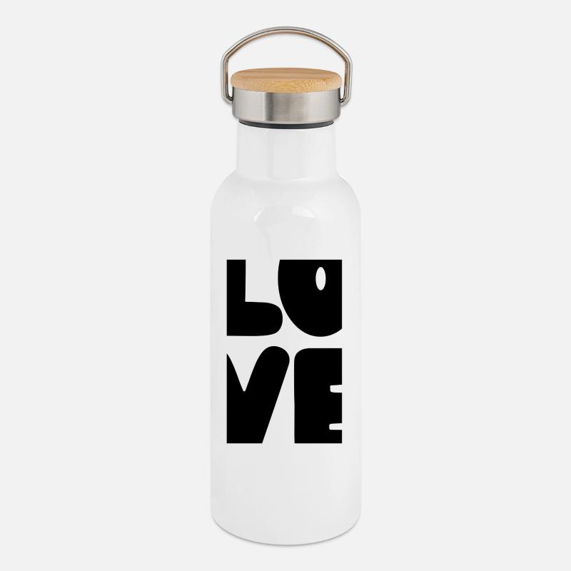 LOVE Bloc Texte gras Lettres noires Amour - Gourde isotherme avec bouchon en bambou - blanc