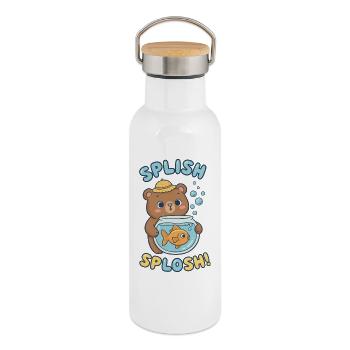 Cute Bear with Goldfish in Water Bowl - Thermal Bottle with Bamboo Lid - white - Right
