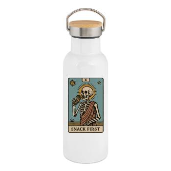 Snack First Skeleton Funny Saying Halloween - Thermal Bottle with Bamboo Lid - white - Right