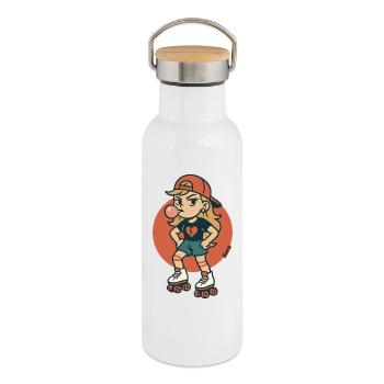 Roller skate girl with bubble gum - Thermal Bottle with Bamboo Lid - white - Right