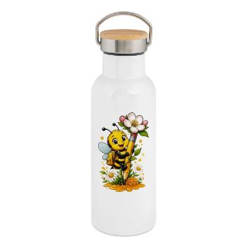 bee honey beekeeper honeycomb flowers meadow insect - Thermal Bottle with Bamboo Lid - white - Right