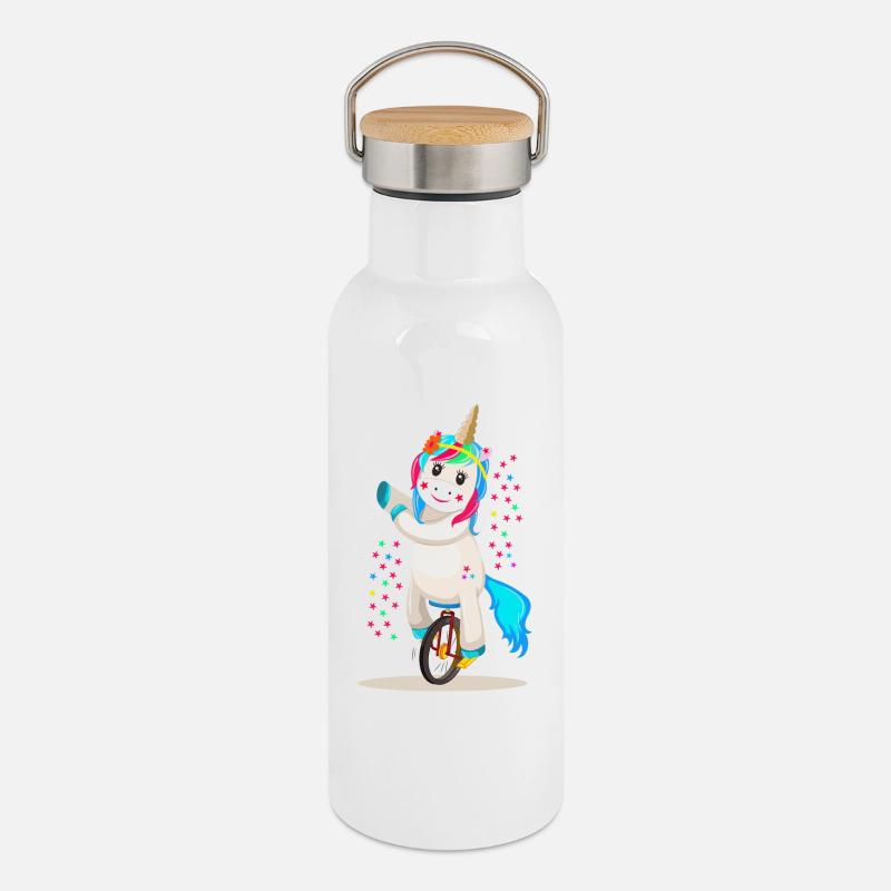 Einhorn Unicorn auf einem Einrad - Thermosflasche mit Bambusdeckel - Weiß