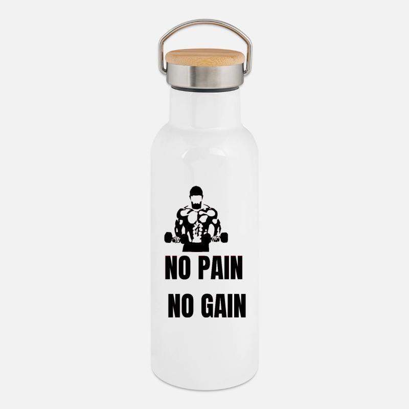 No Pain No Gain  - Thermosflasche mit Bambusdeckel - Weiß