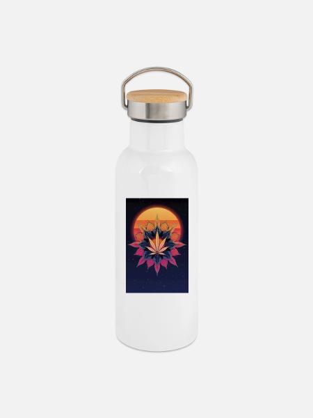 Sonnenmandala Cannabisblatt - Thermosflasche mit Bambusdeckel - Weiß