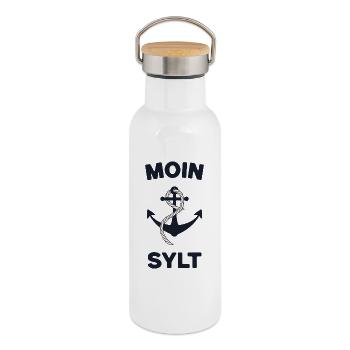 Moin Sylt – Maritimes Anker-Design - Thermosflasche mit Bambusdeckel - Weiß - Rechts