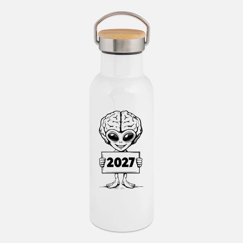 Alien with a brain - Thermal Bottle with Bamboo Lid - white