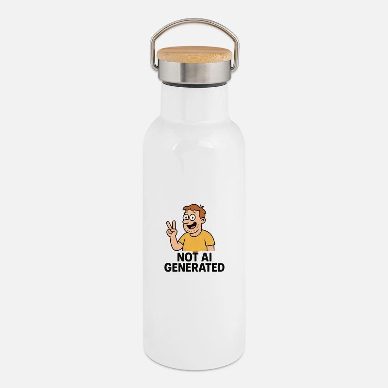 Not AI Generated Cartoon Tee - Thermal Bottle with Bamboo Lid - white