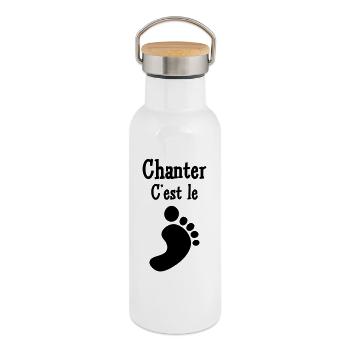 Chanter c'est le pied – passion musique voix joie - Gourde isotherme avec bouchon en bambou - blanc - Droite