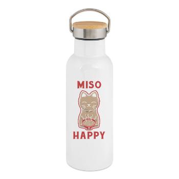 MISO Happy Japanese Cat - Thermal Bottle with Bamboo Lid - white - Right