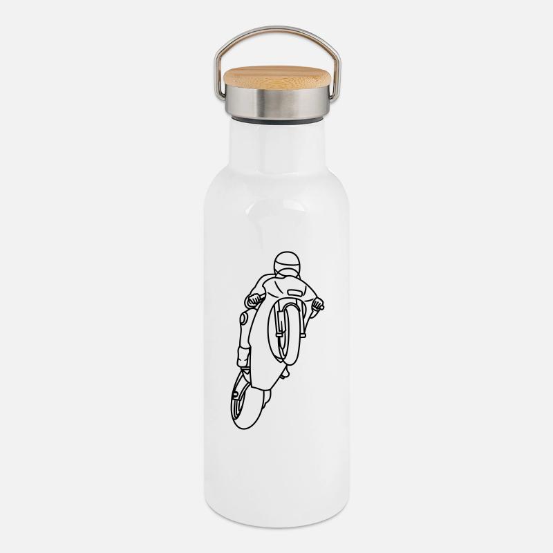 Wheelie extrem mit Rennmotorrad - dunkel - Thermosflasche mit Bambusdeckel - Weiß