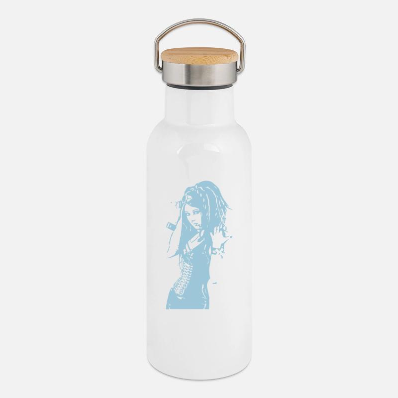 Silhouette bleue - Gourde isotherme avec bouchon en bambou - blanc
