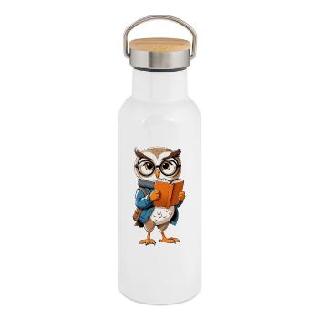 Learning owl with glasses reads book - Thermal Bottle with Bamboo Lid - white - Right