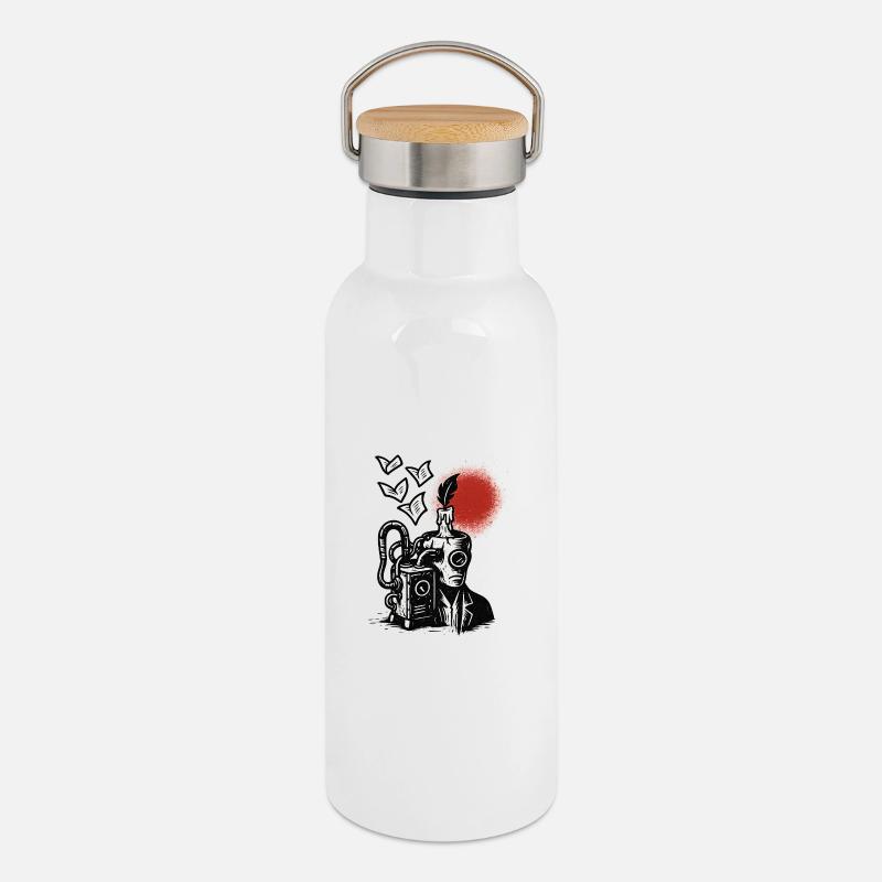 Ink Machine with Pen and Sun - Thermal Bottle with Bamboo Lid - white