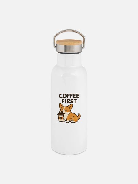 Cartoon-Hund - Thermosflasche mit Bambusdeckel - Weiß