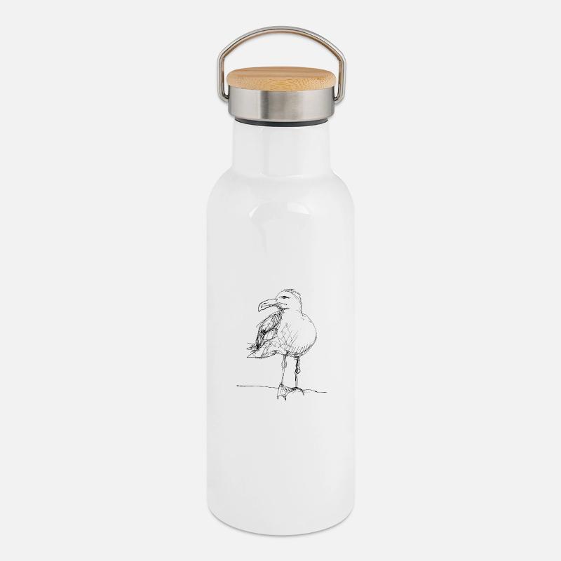 Möwe - Thermosflasche mit Bambusdeckel - Weiß
