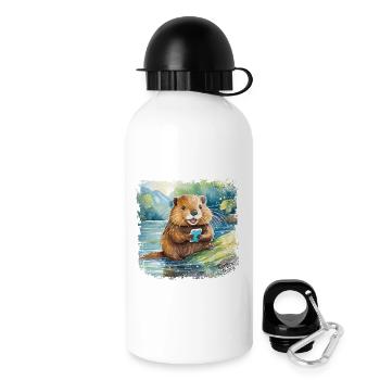 Mignon jeune castor avec téléphone portable - Gourde avec bouchon 500 ml - blanc - Droite