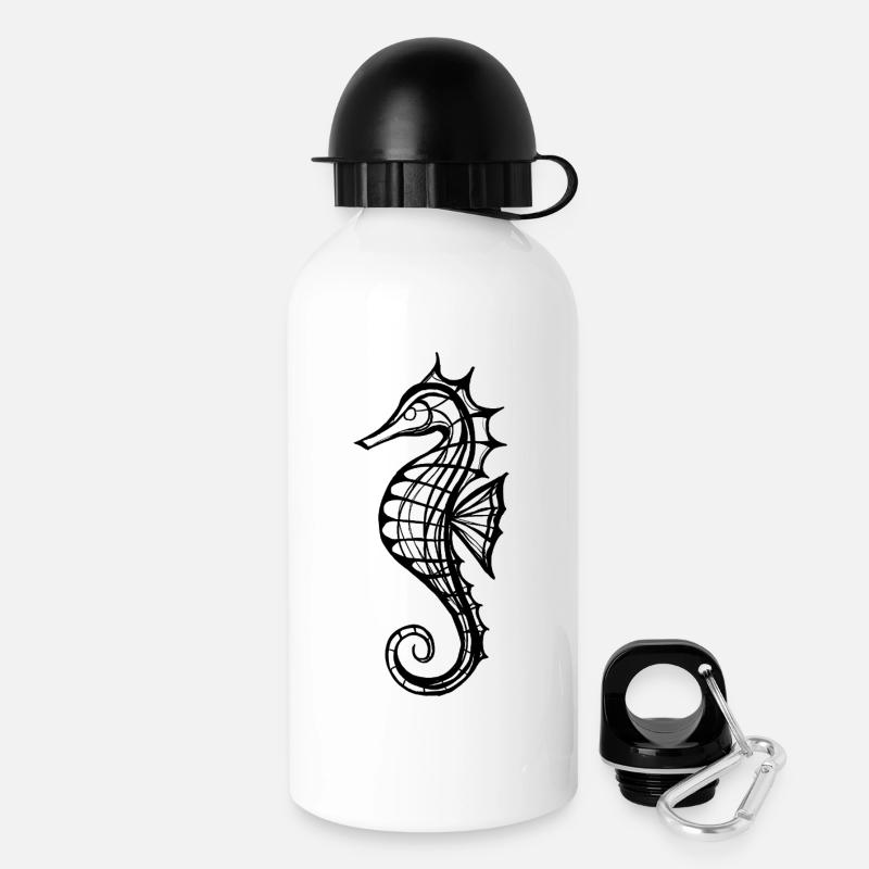 Hippocampe – Dessin au trait en noir et blanc - Gourde avec bouchon 500 ml - blanc