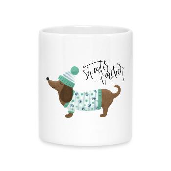 Dackel mit Pullover und Mütze - Sweater Weather - Tasse mit Herzhenkel - Weiß - Vorne