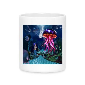 Cute mermaid look at the beautiful jellyfish. - Mug with Heart-Shaped Handle - white - Front
