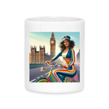 Retro Girl on a Bicycle par Big Ben à Londres - Mug avec anse en forme de cœur - blanc - Devant
