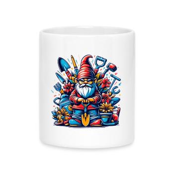 Nain de jardin coloré et sinistre avec des fleurs et des outils - Mug avec anse en forme de cœur - blanc - Devant