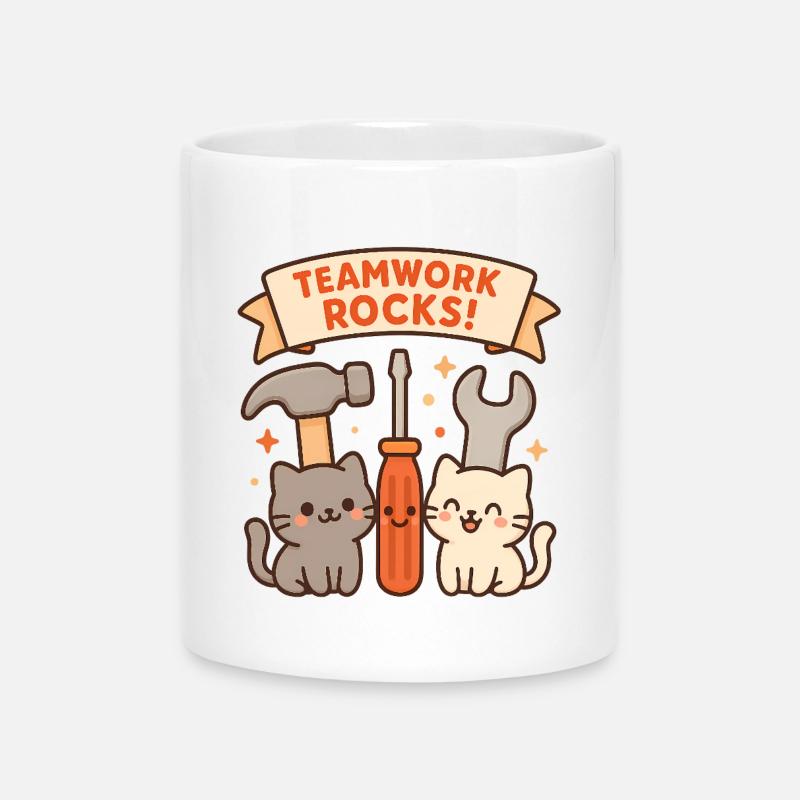 Teamwork Rocks – Chats mignons avec des outils - Mug avec anse en forme de cœur - blanc